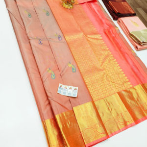 Trendy Design Pure Kanjivaram Fancy Silk Saree Orange Color w/ Blouse