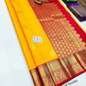 Pure Kanjivaram Fancy Silk Saree Yellow and Red Color w/ Blouse