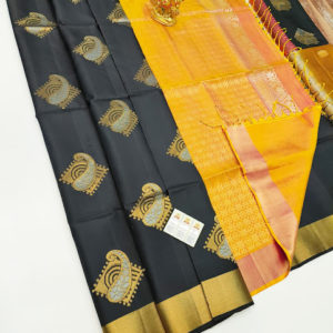 Unique Design Pure Soft Silk Saree Black and Orange Color w/ Blouse