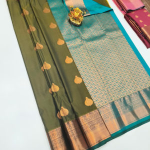 High Fancy Kanjivaram Silk Saree Mix Olive Green Color w/ Blouse