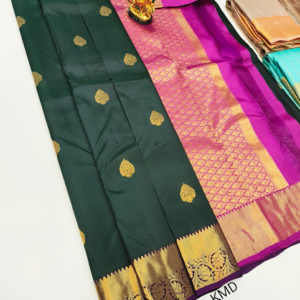 K.M.D Soft 75% Pure Silk Saree Bottle Green Color w/ Blouse