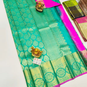 Kanjivaram Pure Wedding Silk Saree Teal Green Color w/ Blouse