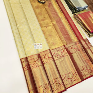 Kanjivaram Pure Wedding Silk Saree Cream and Red Color w/ Blouse