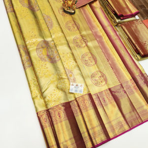 Kanjivaram Pure Wedding Silk Saree Lemon Yellow Color w/ Blouse