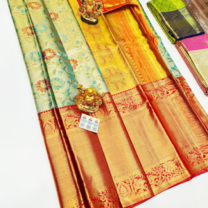 Big Border Kanjivaram Pure Wedding Silk Saree Light Pista Color w/ Blouse