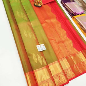 New Design Pure Kanjivaram Fancy Silk Saree Mango Leaf Color w/ Blouse