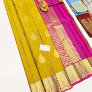 Pure Kanjivaram Fancy Silk Saree Mustard and Pink Color w/ Blouse