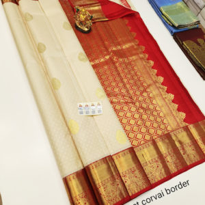Pure Kanjivaram Fancy Silk Saree Off White and Red Color w/ Blouse