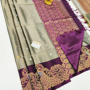 Peacock Design Pure Soft Silk Saree Gray Color w/ Blouse