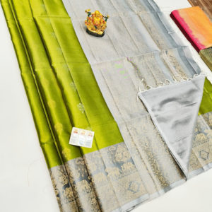 Pure Soft Silk Saree Lemon Green and Gray Color w/ Blouse