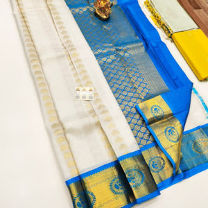 Unique Design Pure Soft Silk Saree White and Rama Blue Color w/ Blouse