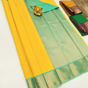 High Fancy Kanjivaram Silk Saree Mix Lemon Yellow Color w/ Blouse