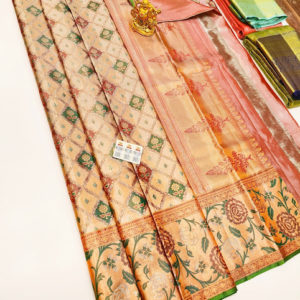 Unique Design Kanjivaram Pure Wedding Silk Saree Cream and Peach Color w/ Blouse