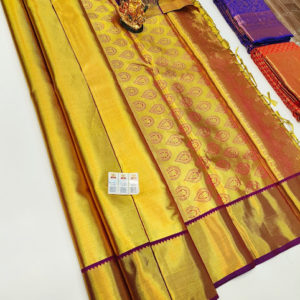 New Design Kanjivaram Pure Wedding Silk Saree Golden Yellow Color w/ Blouse
