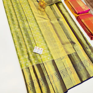 Kanjivaram Pure Wedding Silk Saree Lemon Green Color w/ Blouse