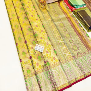 Latest Unique Design Kanjivaram Pure Wedding Silk Saree Lemon Yellow Color w/ Blouse