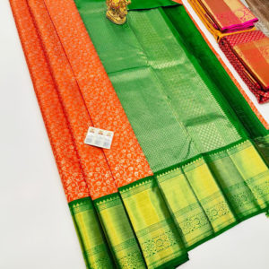 Trendy Design Kanjivaram Pure Wedding Silk Saree Orange Color w/ Blouse
