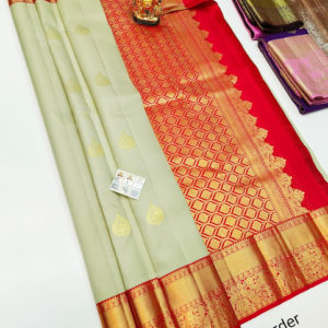 Pure Kanjivaram Fancy Silk Saree Kumkum Cream Color w/ Blouse