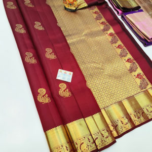 Trendy Design Pure Kanjivaram Fancy Silk Saree Kumkum Red Color w/ Blouse