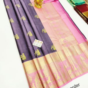 Girl and Deer Design Pure Kanjivaram Fancy Silk Saree Purple Color w/ Blouse