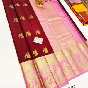 Girl and Deer Design Pure Kanjivaram Fancy Silk Saree Red Color w/ Blouse