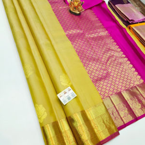Unique Design Pure Kanjivaram Fancy Silk Saree Sandal Yellow Color w/ Blouse
