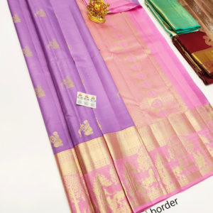 Girl and Deer Design Pure Kanjivaram Fancy Silk Saree Violet Color w/ Blouse