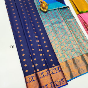 High Fancy Kanjivaram Silk Saree Mix Ink Blue Color w/ Blouse