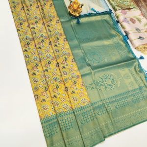 New Design High Fancy Kanjivaram Silk Saree Mix Yellow Color w/ Blouse