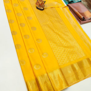 Trendy Design High Fancy Kanjivaram Silk Saree Mix Lemon Yellow Color w/ Blouse