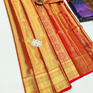 Trendy Design Kanjivaram Pure Wedding Silk Saree Gold Color w/ Blouse