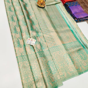 Beautiful Design Kanjivaram Pure Wedding Silk Saree Teal Green Color w/ Blouse