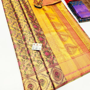 Unique Design Kanjivaram Pure Wedding Silk Saree Yellow Gold Color w/ Blouse