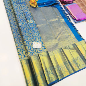 Kanjivaram Pure Wedding Silk Saree Blue Color w/ Blouse