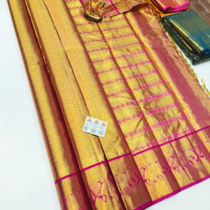 Elephant Design Kanjivaram Pure Wedding Silk Saree Golden Yellow Color w/ Blouse