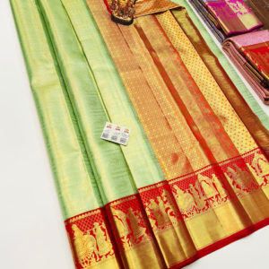 Beautiful Design Kanjivaram Pure Wedding Silk Saree Light Green Color w/ Blouse