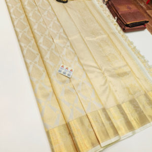 Trendy Design Kanjivaram Pure Wedding Silk Saree Off White Color w/ Blouse