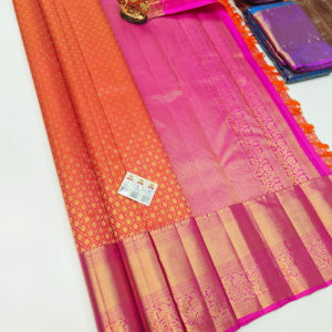 Latest Design Kanjivaram Pure Wedding Silk Saree Orange and Pink Color w/ Blouse