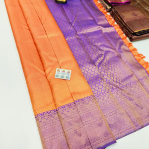 Kanjivaram Pure Wedding Silk Saree Orange Color w/ Blouse