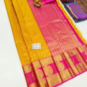 Unique Design Kanjivaram Pure Wedding Silk Saree Yellow Color w/ Blouse
