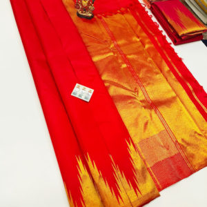 Trendy Temple Design Pure Kanjivaram Fancy Silk Saree Red Color w/ Blouse