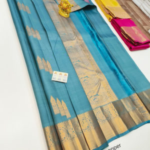 Beautiful Design Pure Kanjivaram Fancy Silk Saree Sky Blue Color w/ Blouse