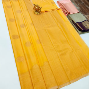 High Fancy Kanjivaram Silk Saree Mix Lemon Yellow Color w/ Blouse