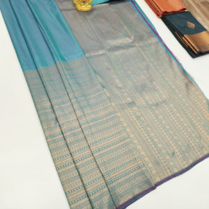 Beautiful Design High Fancy Kanjivaram Silk Saree Mix Peacock Blue Color w/ Blouse