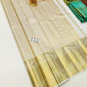 Beautiful Design Kanjivaram Pure Wedding Silk Saree Off White Color w/ Blouse