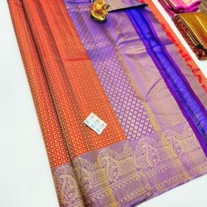 Unique Design Kanjivaram Pure Wedding Silk Saree Orange Color w/ Blouse