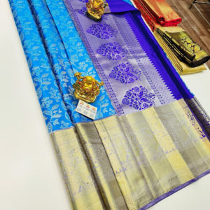 Beautiful Design Kanjivaram Pure Wedding Silk Saree Sky Blue Color w/ Blouse