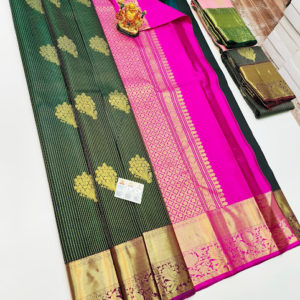 New Design Pure Kanjivaram Fancy Silk Saree Bottle Green Color w/ Blouse