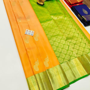 Beautiful Design Pure Kanjivaram Fancy Silk Saree Light Orange Color w/ Blouse