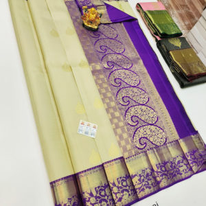 Trendy Design Pure Kanjivaram Fancy Silk Saree Off White Color w/ Blouse